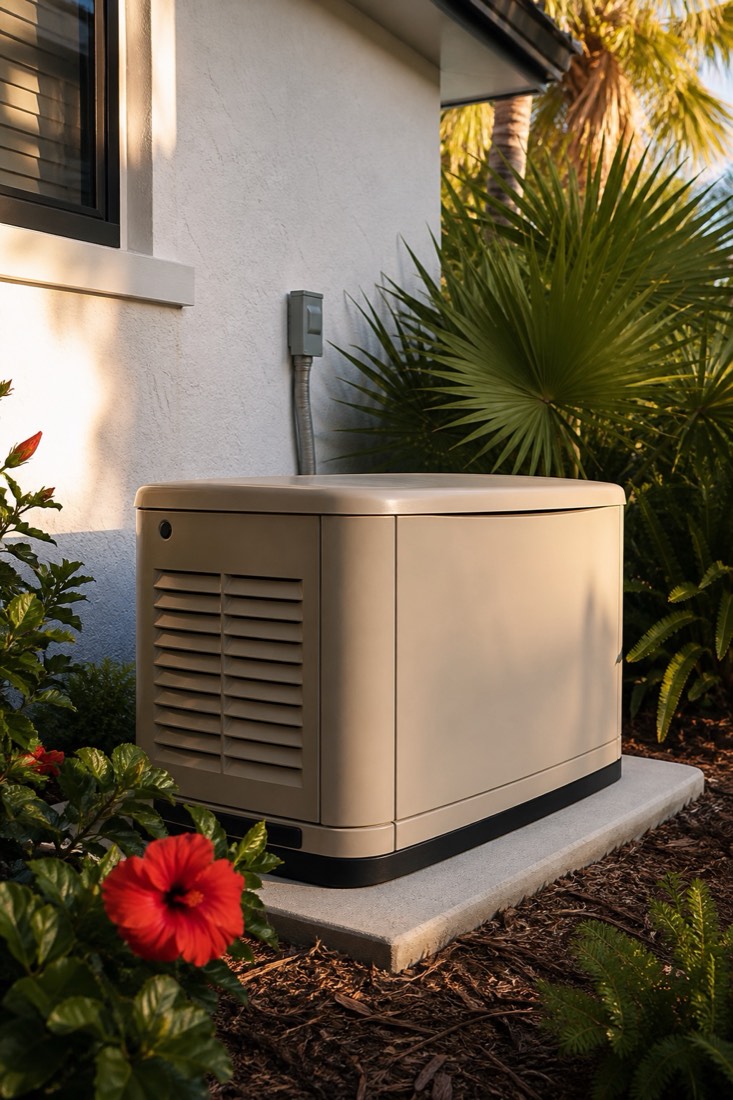 Home standby generator beside a stucco wall with tropical landscaping
