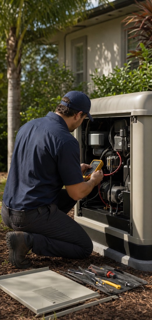 Technician servicing an open standby generator