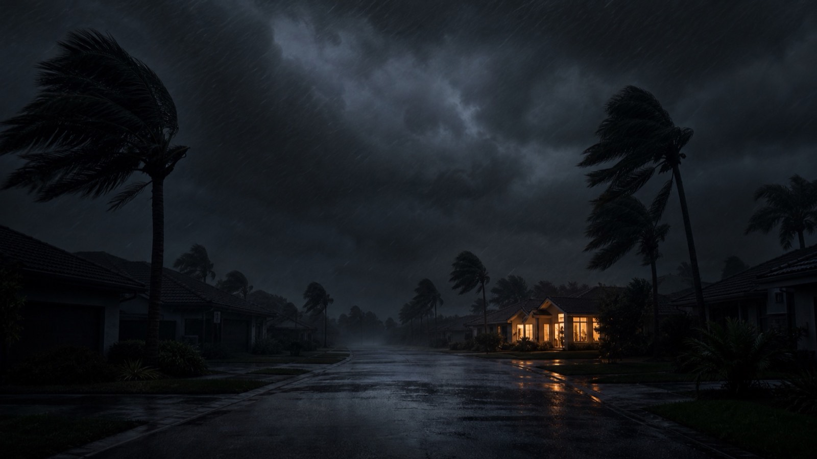 Hurricane sky over a dark Florida street with one home glowing