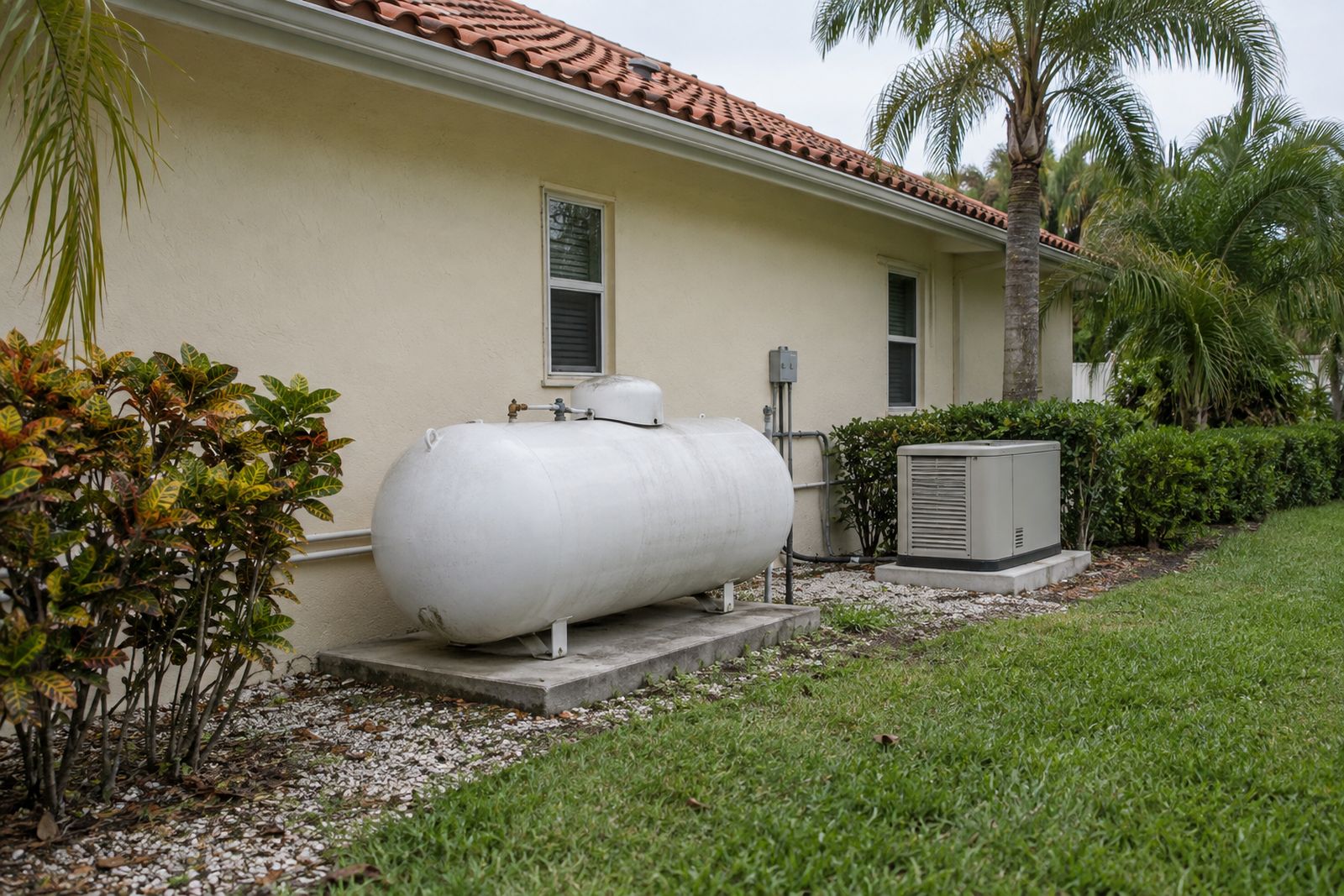 White above-ground propane tank on saddle legs and a concrete slab beside a beige stucco house, a standby generator on its own pad further along the wall