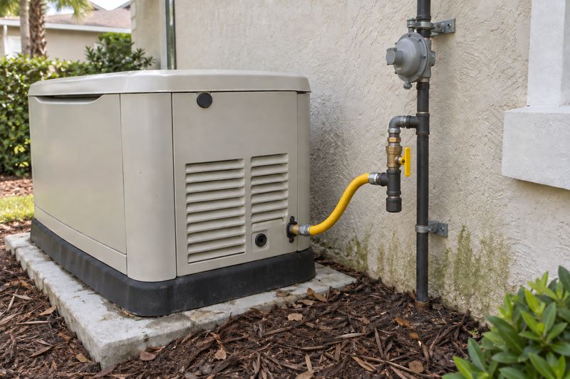 Black iron gas pipe rising beside a stucco wall with a regulator, a yellow-handled shutoff valve and a drip leg, joined by a yellow flexible line to a standby generator