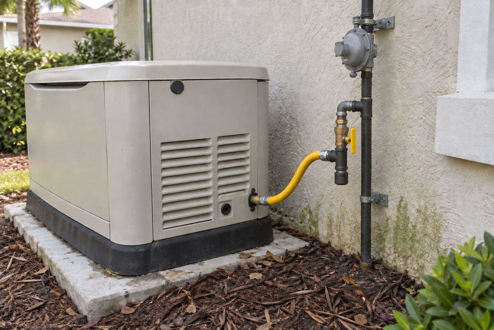 Black iron gas pipe rising beside a stucco wall with a regulator, a yellow-handled shutoff valve and a drip leg, joined by a yellow flexible line to a standby generator