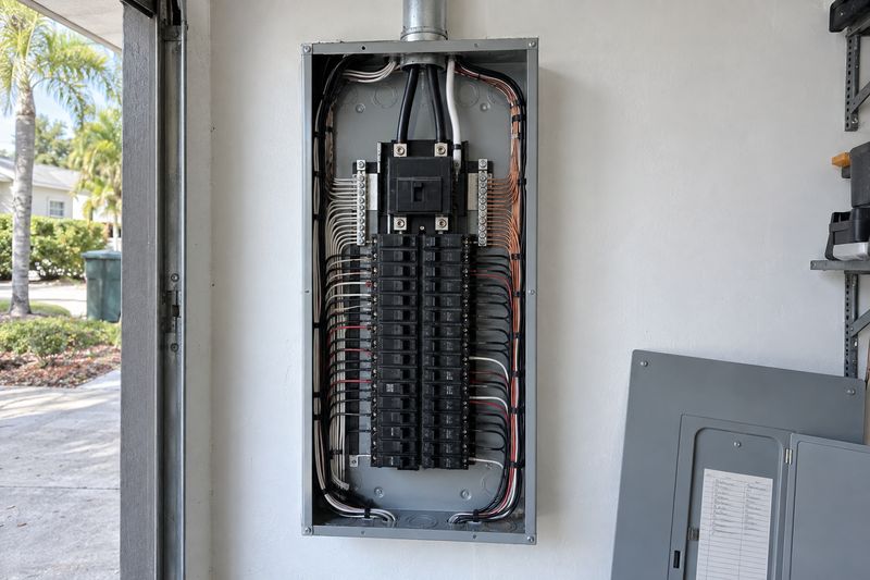 A new electrical panel on a garage wall with its cover off, showing two columns of breakers and neat wiring
