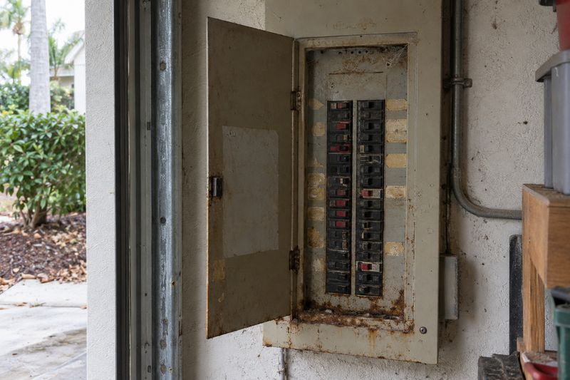 A rusted older electrical panel in a garage, its door open on rows of worn circuit breakers