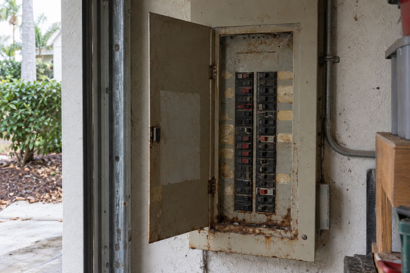 A rusted older electrical panel in a garage, its door open on rows of worn circuit breakers