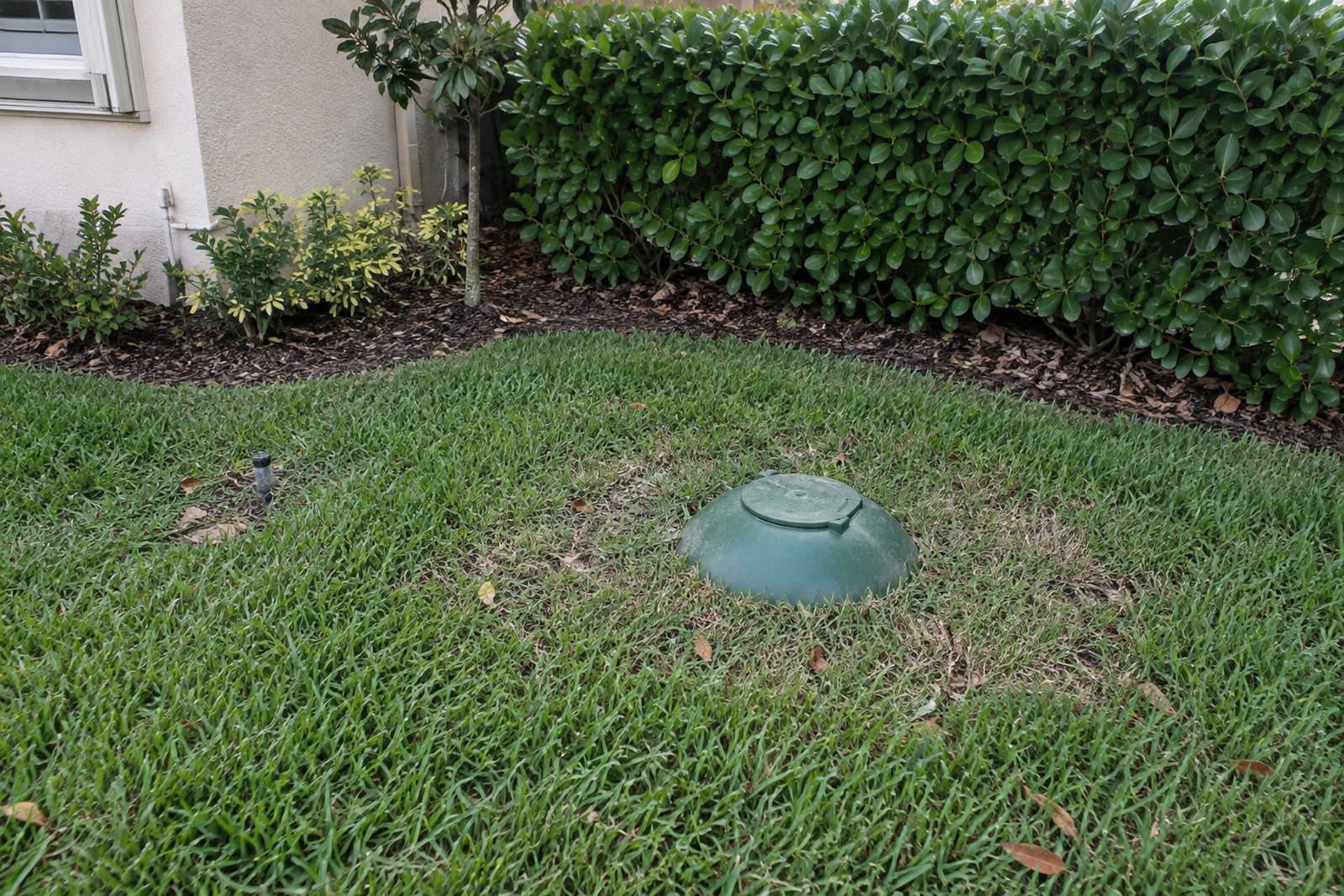 Green access dome of a buried propane tank in a St. Augustine grass lawn, with a hedge and a stucco house behind