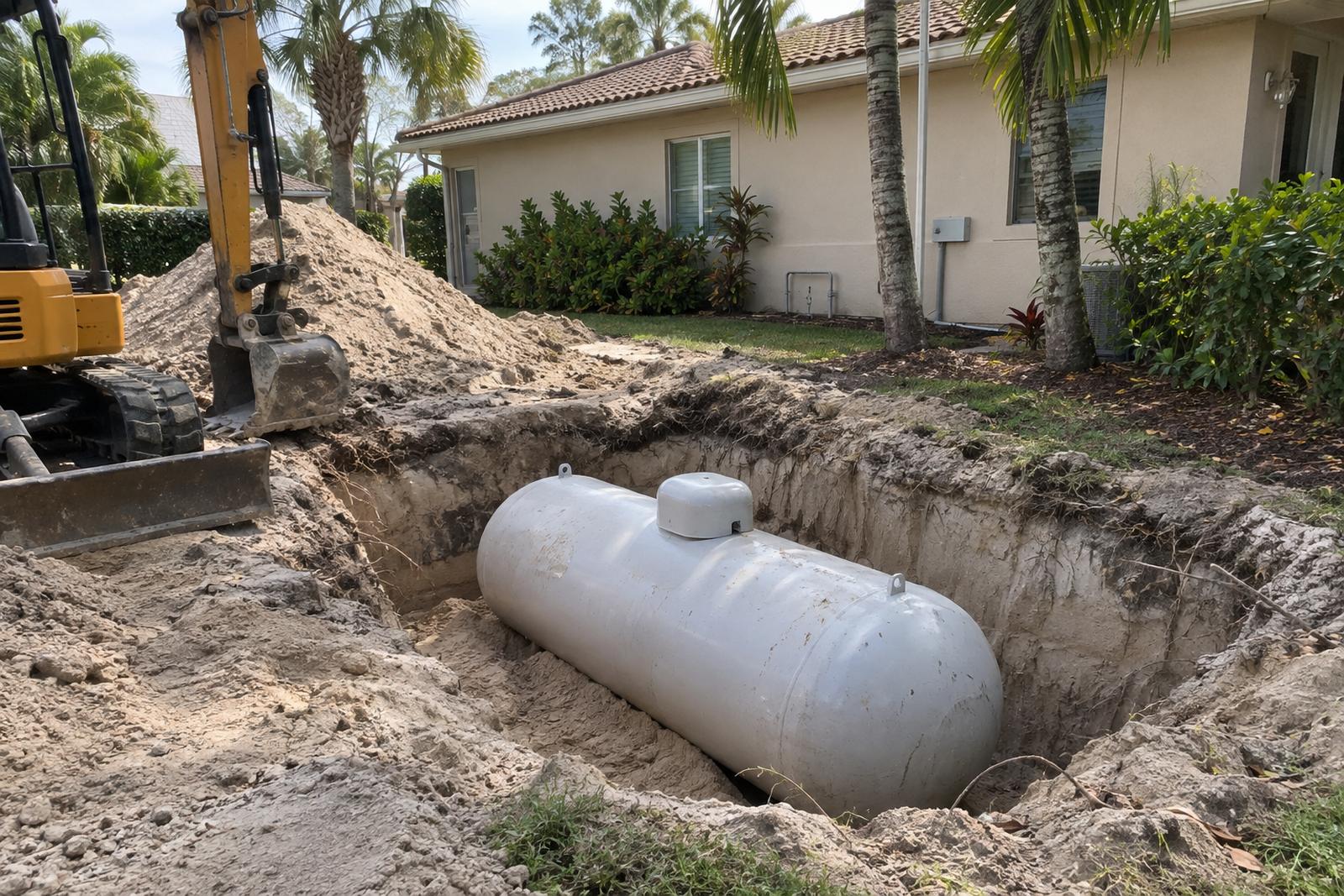 White propane tank lying in a freshly dug pit in pale sandy soil, a mini-excavator and a sand pile beside it and a single-story stucco house behind