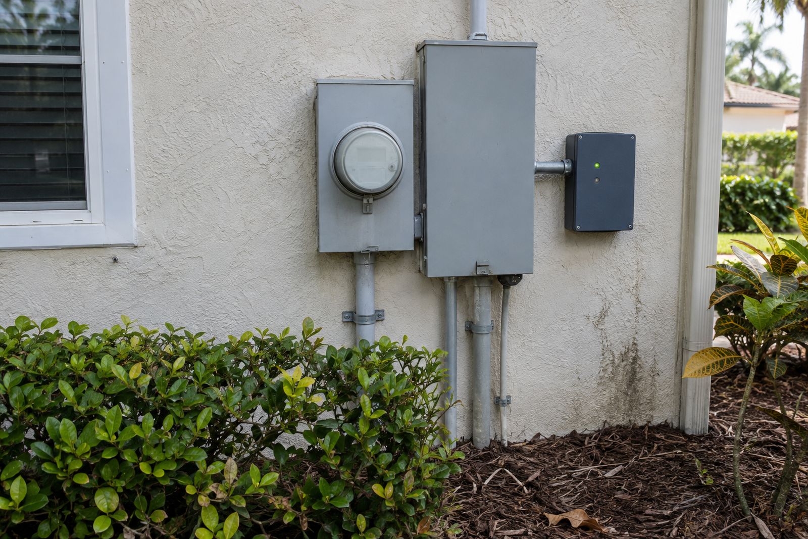 Electric meter, outdoor electrical panel and a small surge protector box with a green indicator light on the stucco wall of a Florida home