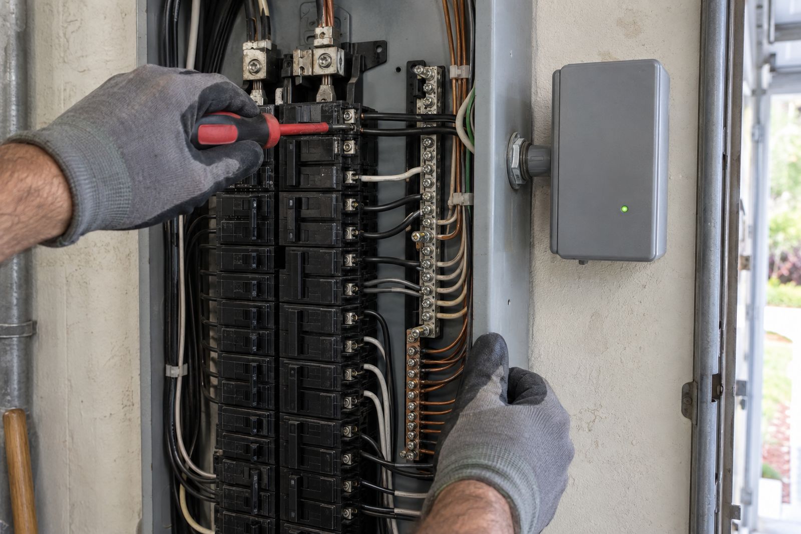 Open breaker panel in a garage with a compact surge protective device mounted on its side, and an electrician's gloved hands holding an insulated screwdriver